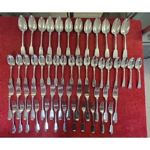 29 - A collection of Victorian Sterling silver flatware, dining forks and spoons, desert spoons, forks, v... 