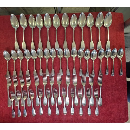 29 - A collection of Victorian Sterling silver flatware, dining forks and spoons, desert spoons, forks, v... 