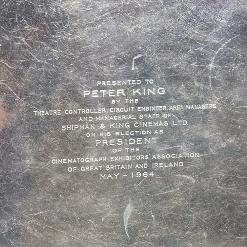 38 - A large sterling silver tray with cast rim and on four scroll feet. 36cm(d). By CJ Vander Ltd Sheffi... 