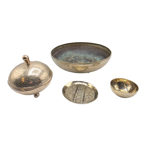 188 - Two BIDA West African white metal bowls , a lidded white metal bowl signed to base and a large South... 