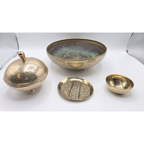 188 - Two BIDA West African white metal bowls , a lidded white metal bowl signed to base and a large South... 