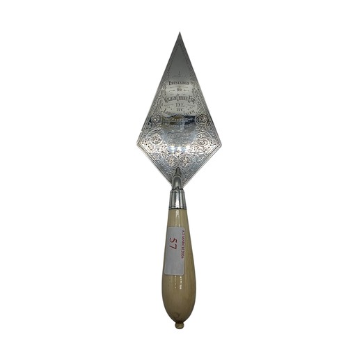 57 - A sterling silver presentation trowel, Walter and John Barnard in velvet lined presentation box 1888... 