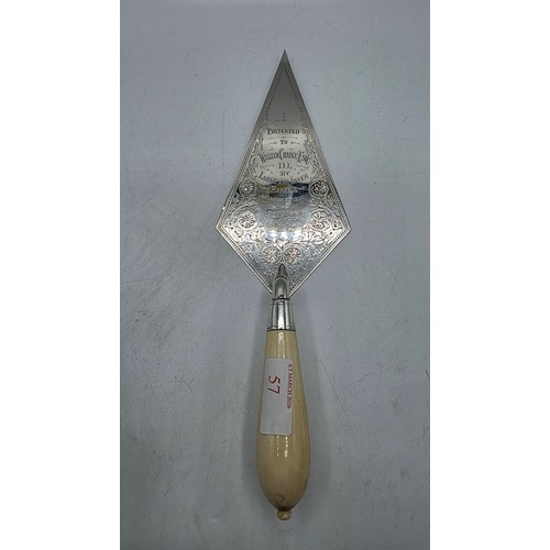 57 - A sterling silver presentation trowel, Walter and John Barnard in velvet lined presentation box 1888... 