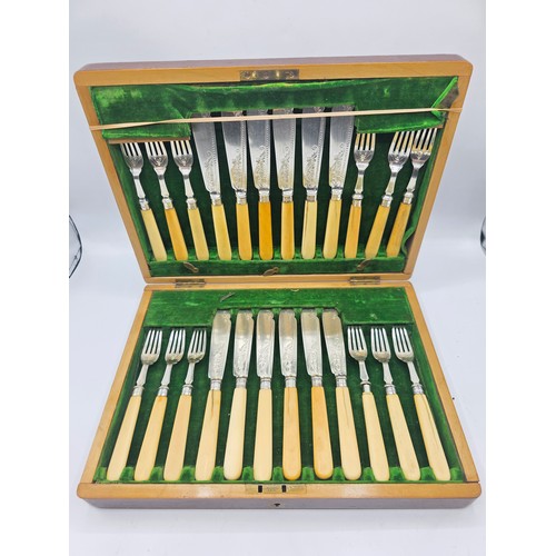 42 - A sterling silver and composite handled boxed 12 person fish knives and forks. JR Birmingham 1881.