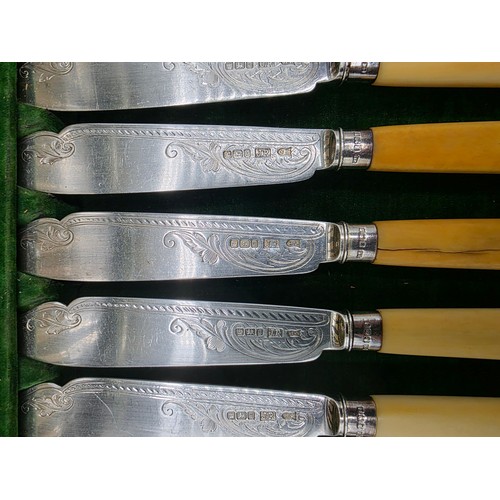 42 - A sterling silver and composite handled boxed 12 person fish knives and forks. JR Birmingham 1881.