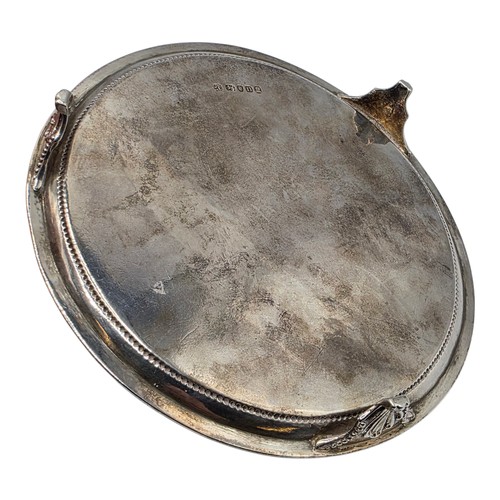 54 - A pair of sterling silver circular card trays or salvers with beaded rims on three shell feet.   Joh... 