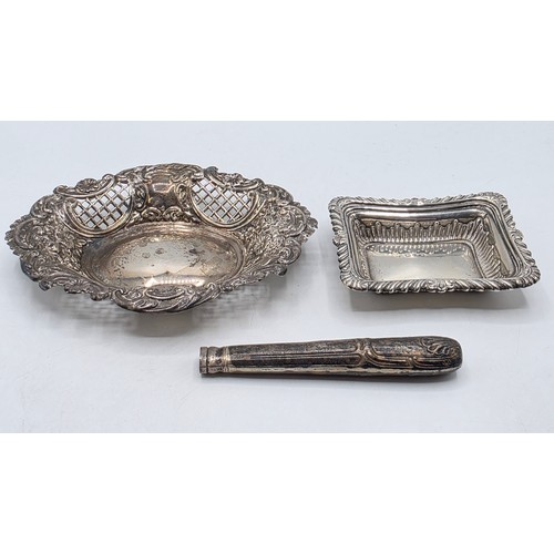 47 - Three sterling silver items to include a pierced dish etc, various dates and makers. 135g