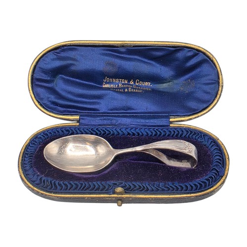 55 - A boxed set of sterling silver cake forks together with a boxed sterling silver christening spoon an... 