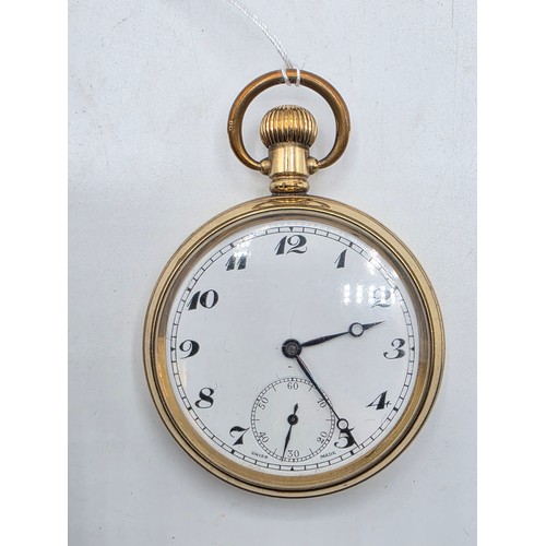 58 - A gold plated gentleman's open faced crown wind pocket watch enamelled 42 mm face with roman numeral... 
