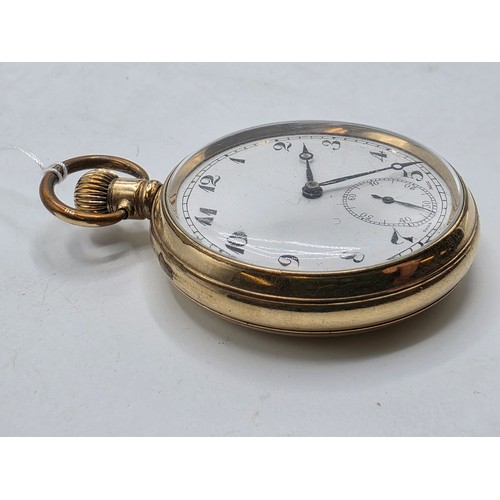 58 - A gold plated gentleman's open faced crown wind pocket watch enamelled 42 mm face with roman numeral... 