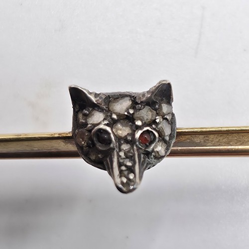 80 - A 15ct gold bar brooch with white metal fox head set with rose cut diamonds and ruby eyes 3.1 g, tog... 