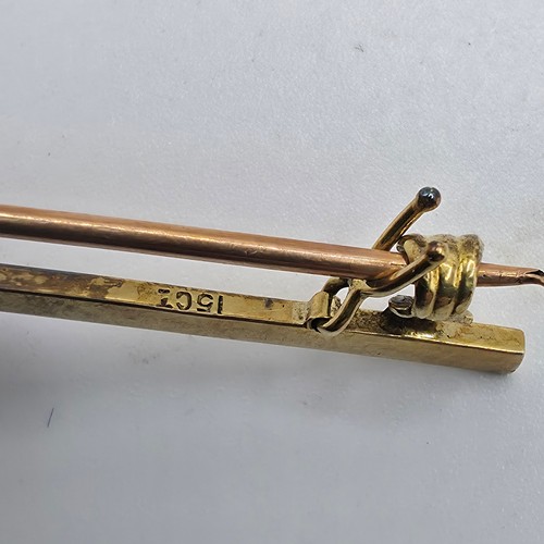 80 - A 15ct gold bar brooch with white metal fox head set with rose cut diamonds and ruby eyes 3.1 g, tog... 