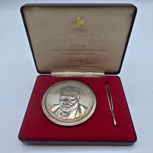 35 - Toye, Kenning and Spencer sterling silver Winston Churchill centenary picture medal case with cards ... 