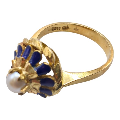 100 - A continental 18ct gold pearl and enamel dress ring, size O, 5.5g