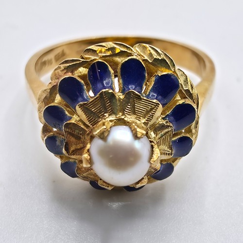 100 - A continental 18ct gold pearl and enamel dress ring, size O, 5.5g