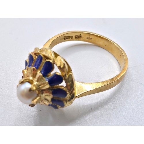 100 - A continental 18ct gold pearl and enamel dress ring, size O, 5.5g
