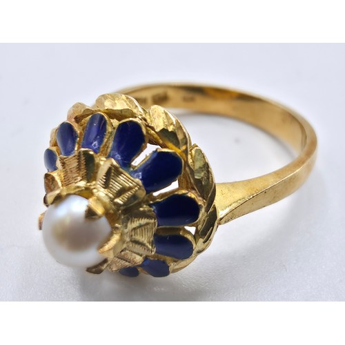 100 - A continental 18ct gold pearl and enamel dress ring, size O, 5.5g