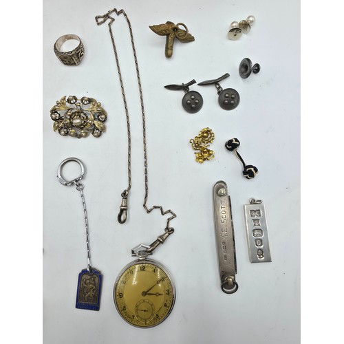 85 - A collection of yellow and white metal items to include costume jewellery , pocket watch, sterling s... 