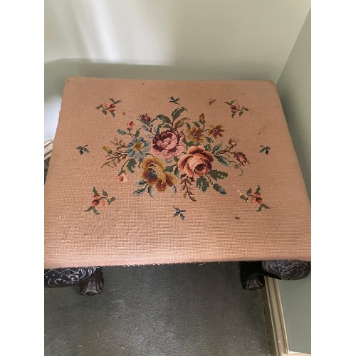 564 - A Georgian style mahogany stool, with carved cabriole legs to ball and claw feet, tapestry top, 53 x... 