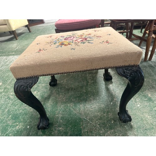 564 - A Georgian style mahogany stool, with carved cabriole legs to ball and claw feet, tapestry top, 53 x... 