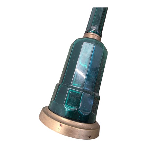 381 - A Victorian emerald glass and brass bound bottle shaped table lamp. 50cm.