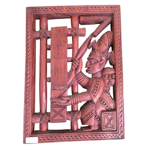351 - Three West African hardwood sculptures stylised Weaver and two carved hardwood wall hangings, one ma... 