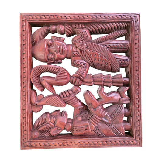 351 - Three West African hardwood sculptures stylised Weaver and two carved hardwood wall hangings, one ma... 