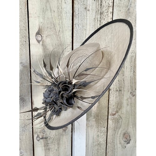 265 - A bespoke Rachel Trevor Morgan, London, pale silver/taupe/grey fine straw hat, sidesweep with hand m... 