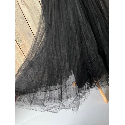 273 - A 1930s velvet and tulle skirt evening dress, with applique detail to waist. Some fading and holes/d... 