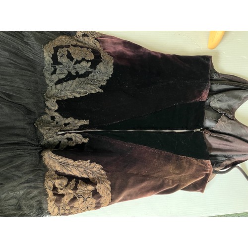 273 - A 1930s velvet and tulle skirt evening dress, with applique detail to waist. Some fading and holes/d... 