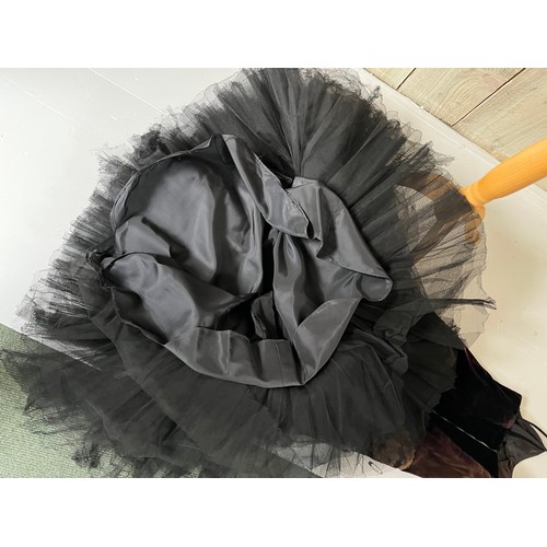 273 - A 1930s velvet and tulle skirt evening dress, with applique detail to waist. Some fading and holes/d... 