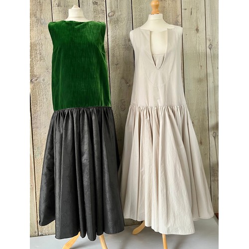 289 - Two long dresses with 1930 style drop waist line. One has green velvet bodice with black skirt; one ... 