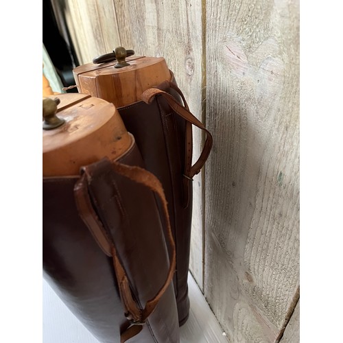 255 - A pair of brown leather Gents riding boots,  sole measures 29cm, with wooden trees. Condition, in us... 
