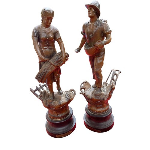 467 - Pair of spelter figures on turned raised bases, Le Semeur & La Moissonneuse, 40 cm H.