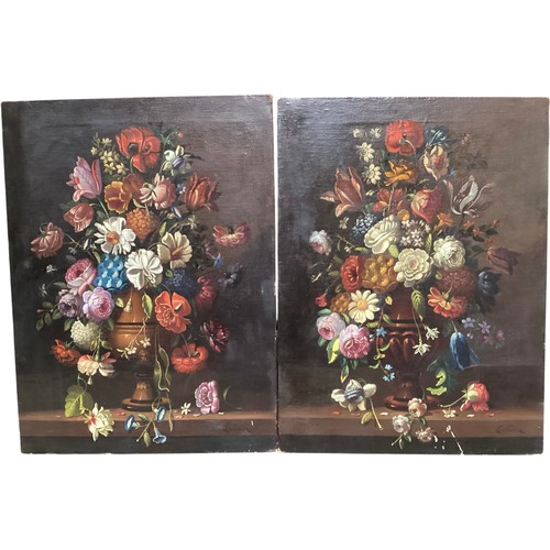 472 - J. Suarez (XIX) A pair of still life oil on canvas. Classical urn on a shelf with mixed bouquet of f... 