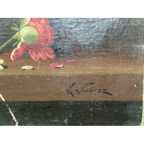 472 - J. Suarez (XIX) A pair of still life oil on canvas. Classical urn on a shelf with mixed bouquet of f... 