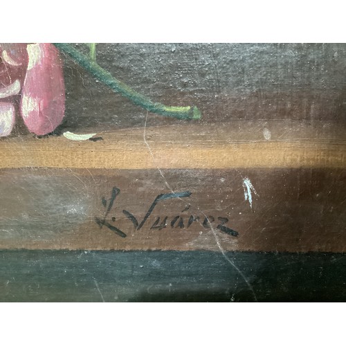 472 - J. Suarez (XIX) A pair of still life oil on canvas. Classical urn on a shelf with mixed bouquet of f... 