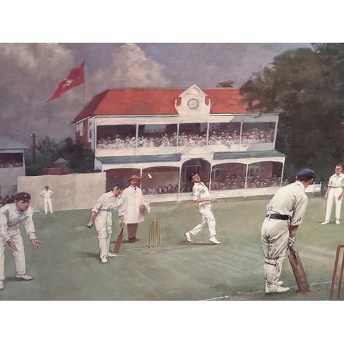 474 - Framed and glazed print by Alfred Taylor, Kent Lancashire Cricket 1906 42 cm x 80 cm and framed and ... 