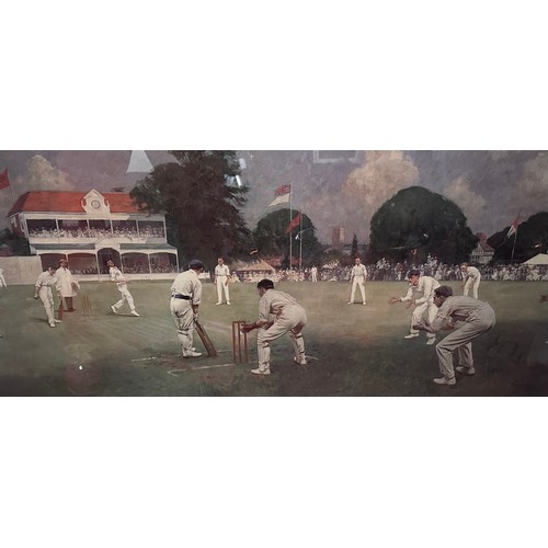 474 - Framed and glazed print by Alfred Taylor, Kent Lancashire Cricket 1906 42 cm x 80 cm and framed and ... 