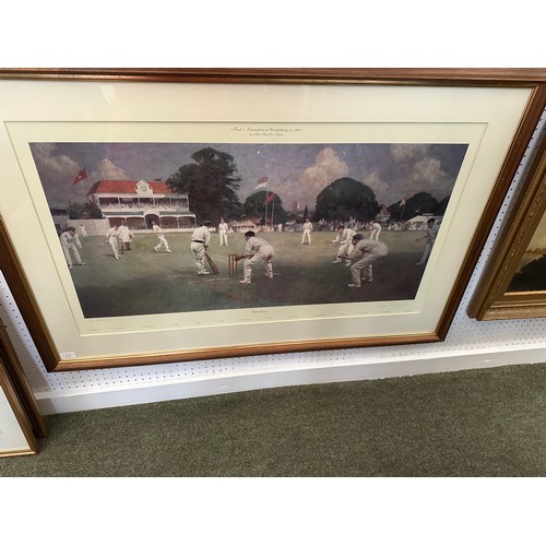 474 - Framed and glazed print by Alfred Taylor, Kent Lancashire Cricket 1906 42 cm x 80 cm and framed and ... 