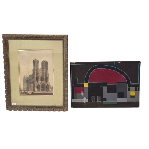 475 - A framed and glazed colour print of Reims Cathedral, France and an abstract oil on canvas, both with... 