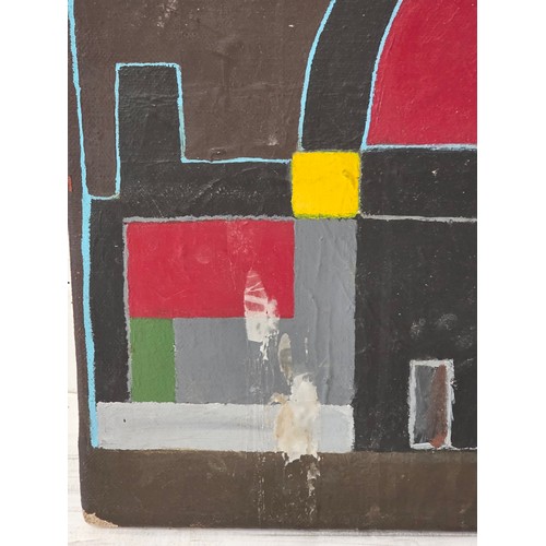 475 - A framed and glazed colour print of Reims Cathedral, France and an abstract oil on canvas, both with... 
