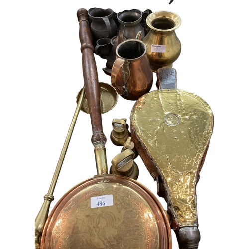 477 - A quantity of pewter and brass wear bellows bed warmer etc. and Part tea set Tuscan China, Plant; A ... 