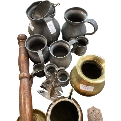 477 - A quantity of pewter and brass wear bellows bed warmer etc. and Part tea set Tuscan China, Plant; A ... 