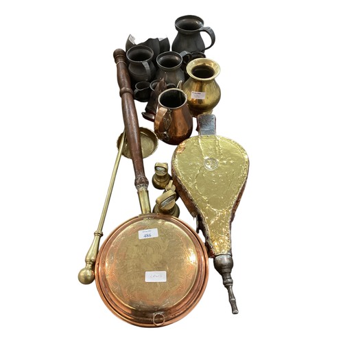 477 - A quantity of pewter and brass wear bellows bed warmer etc. and Part tea set Tuscan China, Plant; A ... 