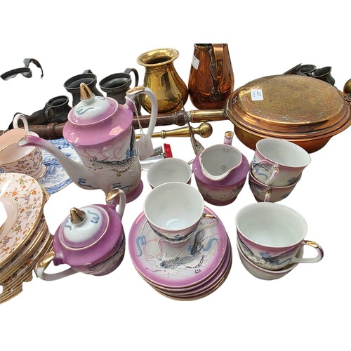 477 - A quantity of pewter and brass wear bellows bed warmer etc. and Part tea set Tuscan China, Plant; A ... 