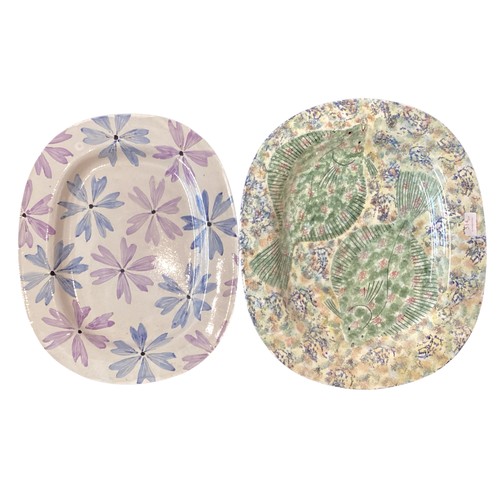 478 - Ceramics, 2 large ceramic platters, one etched signature to base, one painted to base, 46 cm x 38 cm... 