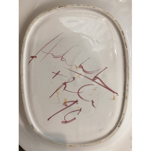 478 - Ceramics, 2 large ceramic platters, one etched signature to base, one painted to base, 46 cm x 38 cm... 