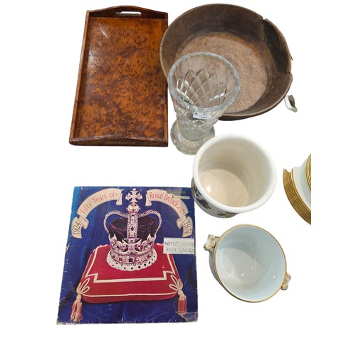 480 - Two flower pots, glass vase, two wooden trays and Fifty Years of Royal Broadcast 1924- 1974 vinyl.