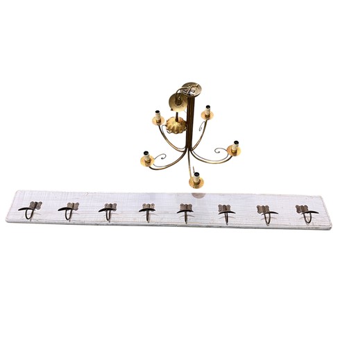 486 - Porta Romana hanging 5 branch ceiling light and a grey painted coat rack with eight brass hooks 150 ... 